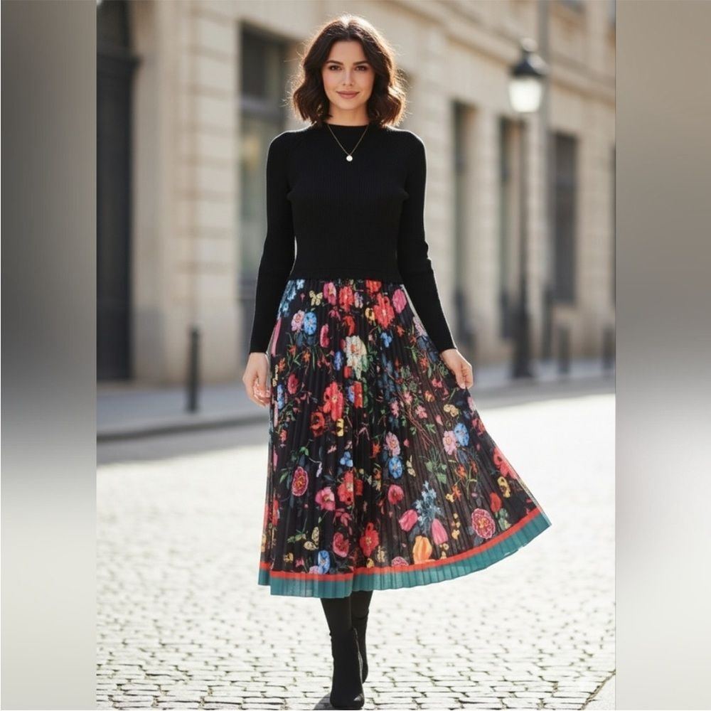 NEW Dalia MacPhee Mixed Media Sweater Dress Boho Floral Chic Quiet Luxury Small